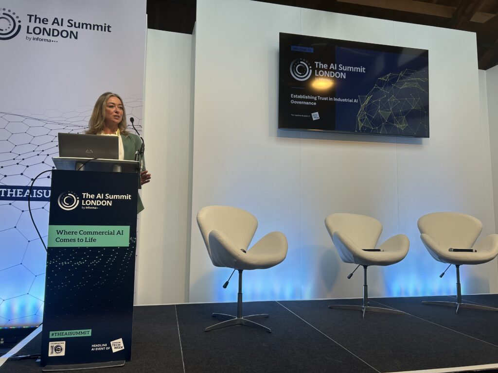 Rebecca Gallagher of Weir Group, presenting on Trust in AI at the London AI Summit