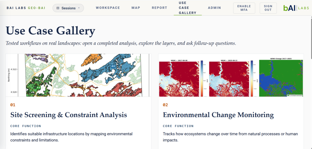 Geo-bAI use case gallery showing site screening and environmental change monitoring workflows